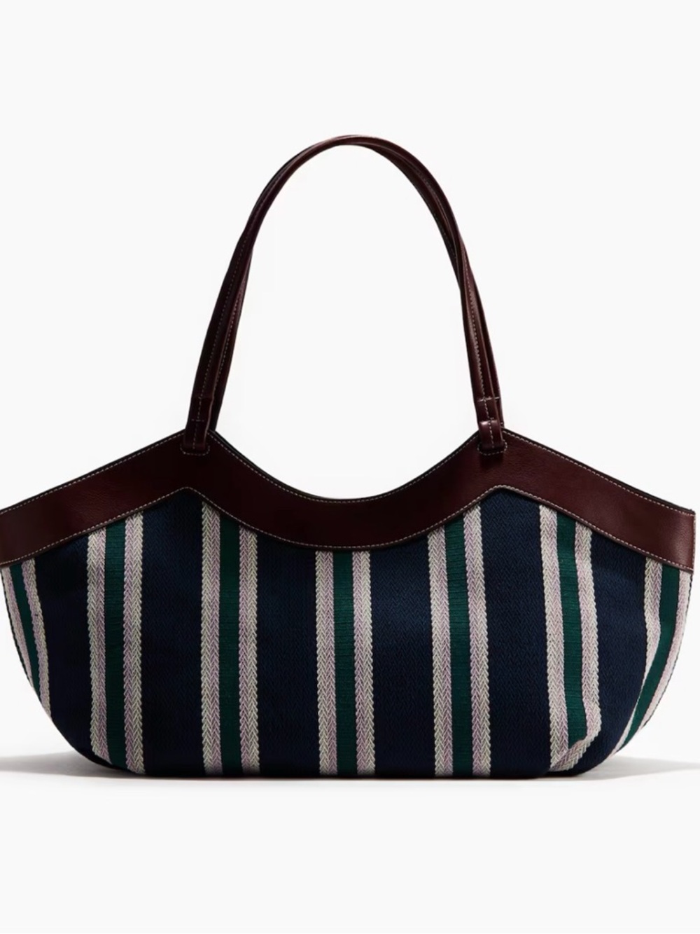 H&M Herringbone shopper- Striped Navy & Green Canvas Tote Bag with Brown Trim